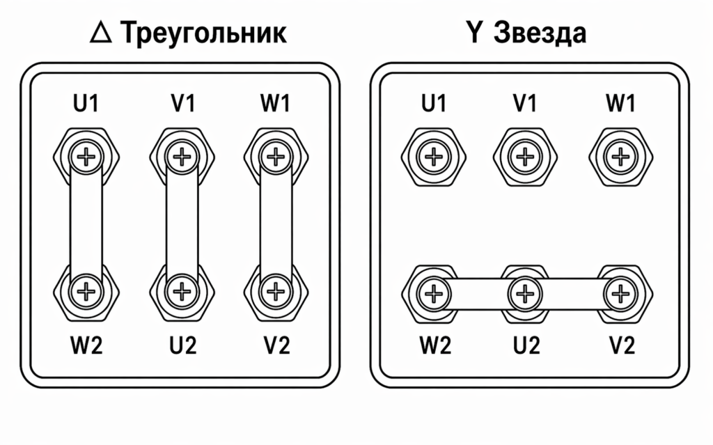 Расположение перемычек при соединении обмотки статора «Треугольником» и «Звездой».