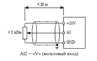 Схема подключения задающего потенциометра к аналоговым вольтовым входам СИРИУС-А8: