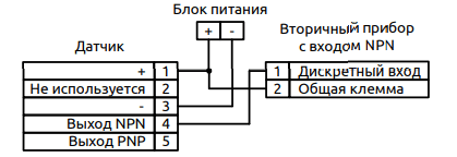Схема подключения электромагнитных датчиков VLS-CS-T к вторичному прибору с входом NPN