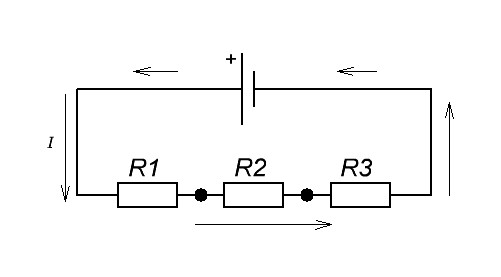 изображение демонстрирующее последовательное подключение трех резисторов и направление тока в цепи