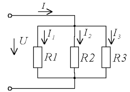 изображение демонстрирующее параллельное подключение трех резисторов и направление тока в цепи