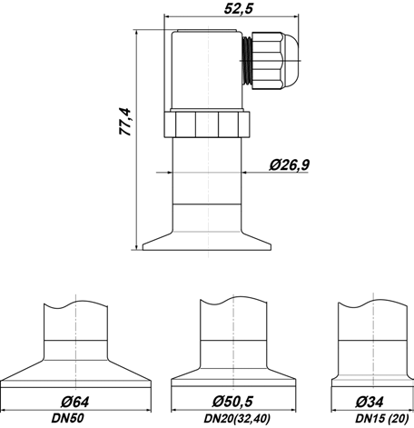 Габаритные и присоединительные размеры ПД180-ДИ, -ДВ, -ДИВ с присоединением Clamp DIN 32676