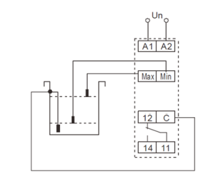 Схема подключения реле с 2-мя датчиками уровня