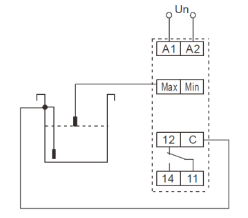 Схема подключения реле с 1-м датчиком уровня